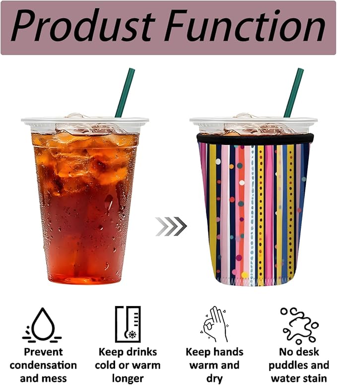 Neoprene Iced Coffee Sleeve 3 Pack, Reusable Insulated Cup Holder with Colorful Stripe & Polka Dot Pattern, Fits 16–32 oz Tumblers, Compatible with Starbucks & Dunkin