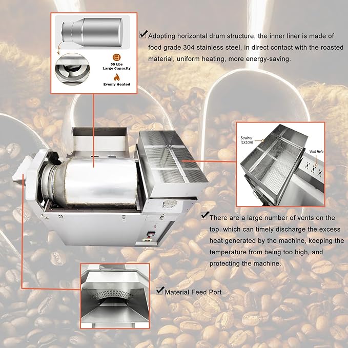 Banfluxion Electric Heating Coffee Bean Roaster 220V 6.5KW Commercial Stainless Steel Nuts Bean Roasting Machine Roller Type Baking Machine 0-300℃ 25kg Chestnut Capacity 3PH