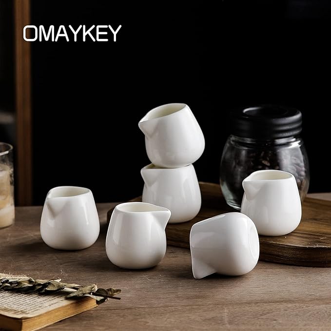 OMAYKEY 3 OZ 6-pcs Mini Porcelain Creamer, Small Ceramic Cream Pitcher Sauce Pitcher Sets Serving for Coffee Tea Milk - White