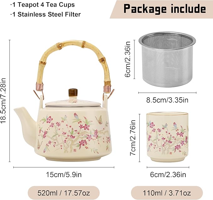 fanquare Japanese Ceramic Tea Set, 17oz Bamboo Handle Teapot with Stainless Steel Infuser and 4 Cups, Floral Pattern Tea Service for Loose Leaf Tea, Gift for Tea Lovers