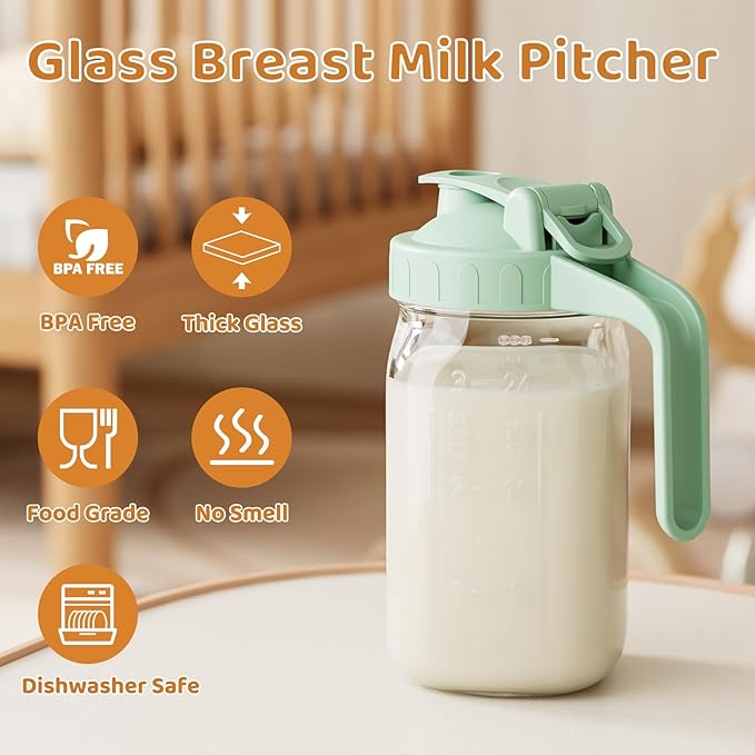 Breast Milk Pitcher, Mason Jar 32 oz, Heavy Duty Wide Mouth Jar with Green Flip Cap Lid and Pour Spout, Airtight Seal for Freshness and Convenience, Great for Cold Beverages and Home Entertaining
