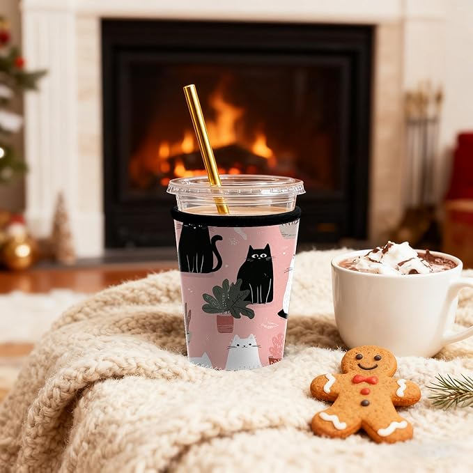 Fits 16oz 24oz 30oz Cups Cute Cat Print Iced Coffee Sleeve Set of 3 Insulated Reusable Coffee Sleeve for Cat Lovers