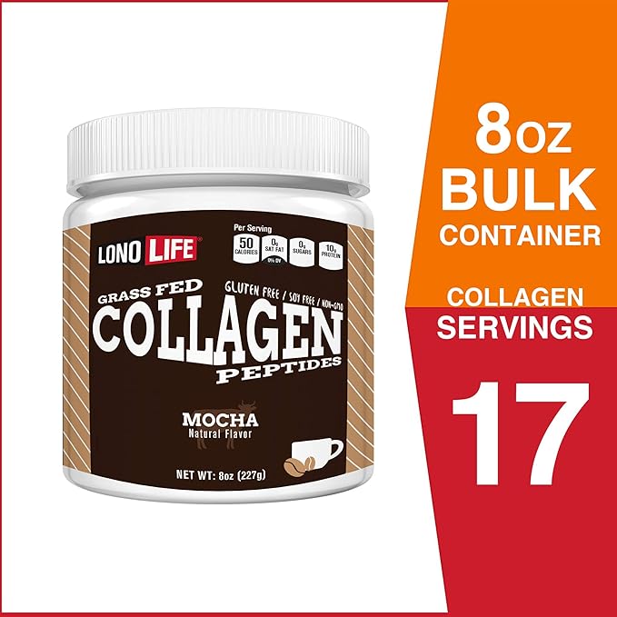 LonoLife - Mocha Collagen Peptides with 10g Protein, Paleo and Keto Friendly, 8-Ounce Bulk Container - Packaging May Vary