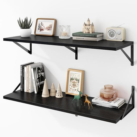 Deep Floating Shelves Wall Mounted, 36"x12" Black Wall Shelves with Brackets Set of 2 for Bedroom, Living Room, Bathroom, Kitchen, Office - Storage & Display Shelf for Decor, Books, Plants