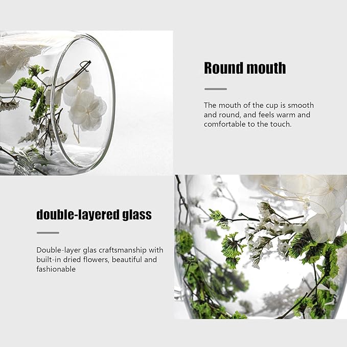 Flower Glass Double Wall Glass - 350ml Aesthetic Dried Flowers Double Wall Glass Coffee Mugs | Clear Glass Cups With Handle,Anti-Scalding Coffee Cups For Hot Beverages,Tea Or Coffee