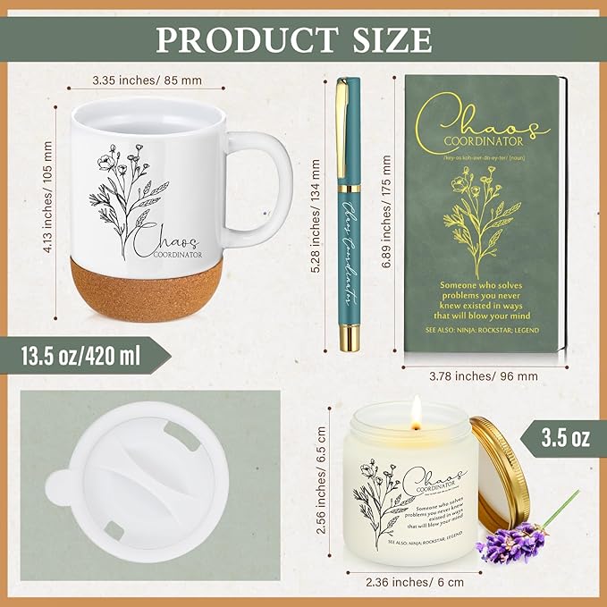 4 Pcs Chaos Coordinator Gifts Set for Women Men Chaos Coordinator Appreciation Gifts Notebook Coffee Mug Cup Scented Candle Ballpoint Pen for Valentines Teacher Staff Boss Employee Coworker