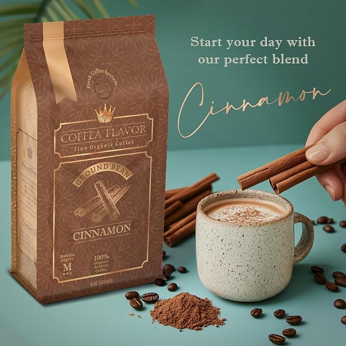 Flavored Ground Coffee – Cinnamon, 100% Arabica, Single Origin, Medium Roast, USDA Organic, Naturally Flavored – by Coffea Flavor
