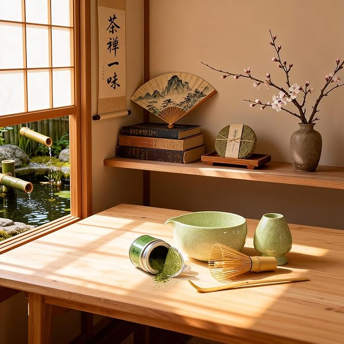 Japanese Matcha Tea Ceremony Set - 7 Piece Complete Matcha Whisk Set with Ceramic Bowl, Bamboo Whisk (Chasen), Sifter & Accessories - Green
