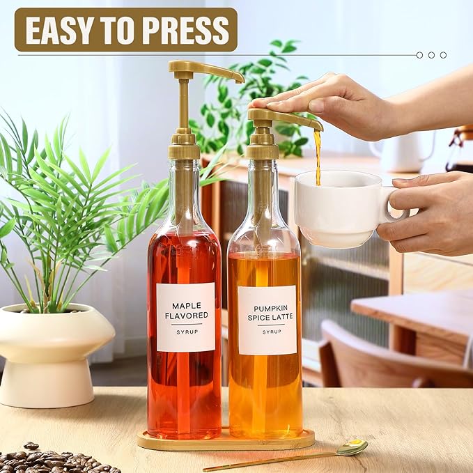 LemonRoad 2 Pack Coffee Syrup Dispenser for Coffee Bar 25.4 oz 750ml Plastic Syrup Dispenser Bottles with Bamboo Tray Pumps Scoop and Labels for Kitchen Bar Accessories