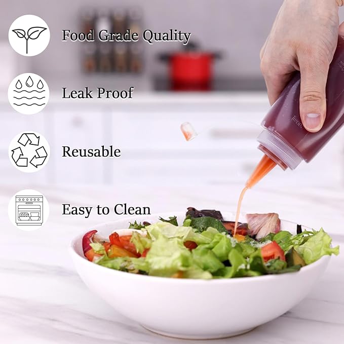 Katfort Condiment Squeeze Bottles Ketchup Dispenser, 6 Pack 8oz Squeeze Bottles for Liquids, Plastic Sauce Bottle with Cap Lid, Squirt Bottles for Sauces Liquids BBQ Dressing Pancake Art