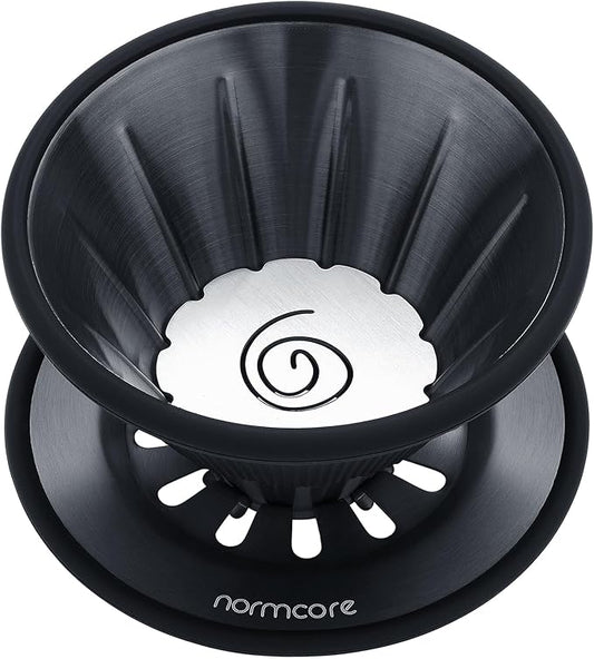 Normcore 2-in-1 Pour Over Coffee Dripper, Brews 1-2 Cups Coffee Brewer, Use Dual Brew Modes Cone or Flat-Bottom Paper Brewer, Titanium Coated 304 Stainless Steel, Black