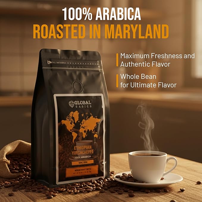 Ethiopian Yirgacheffe Whole Bean 12 Ounce Coffee - Medium Roast - Ehiopian Coffee