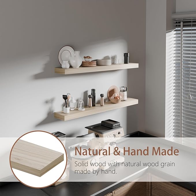 36 inch Natural Bathroom Shelves,Long Floating Shelves for Wall,Solid Wood Long Shelves Set of 2,Kitchen Wall Mounted Shelf (Natural, 36 Inch)