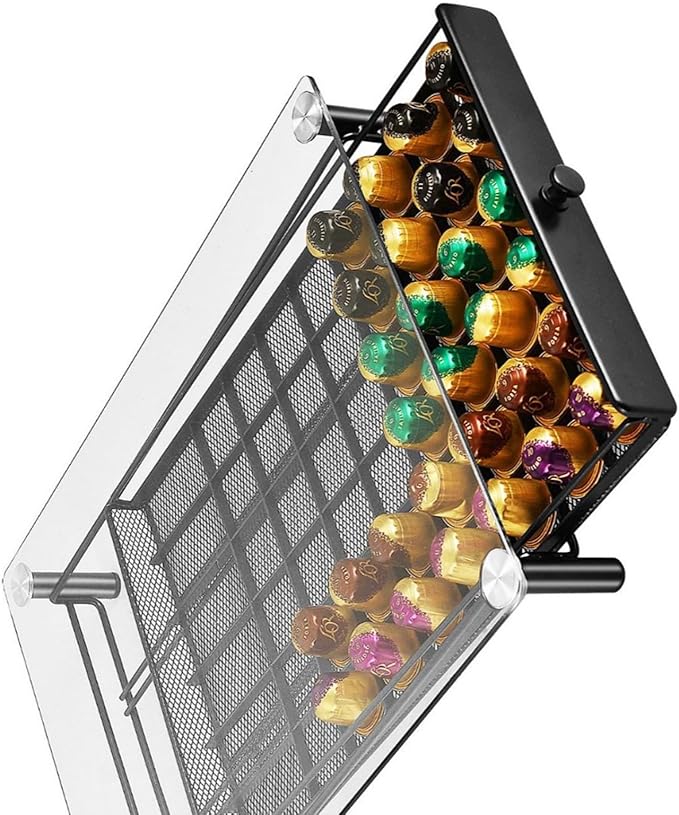 Clear Glass Coffee Pods Storage Drawer Organiser Large Capacity Espresso Pods Holder Stand with Metal Frame