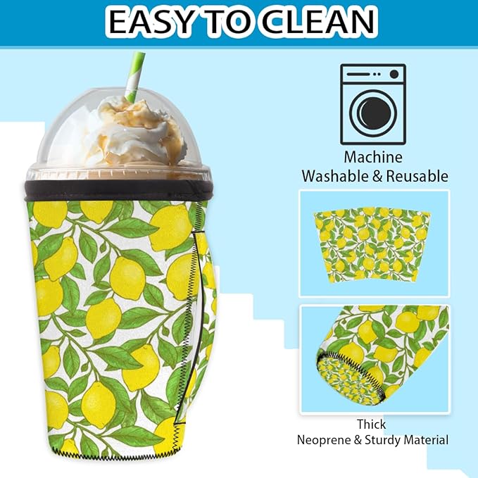 Lemon Reusable Insulator Coffee Sleeves for Drinks Beverages, Neoprene Holder with Handle for Most Coffee or Ice Drink, 24-28oz