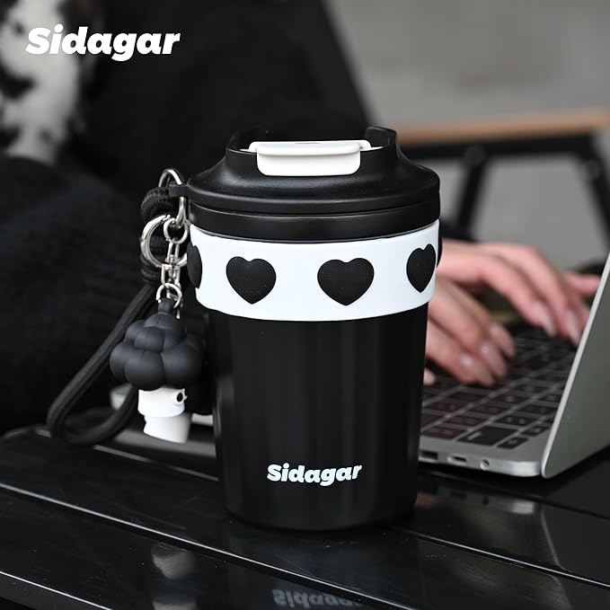 12 oz Travel Coffee Mug Spill Proof Leak Proof, Stainless Steel Thermal Coffee Cup with Lid, Resuable Cup for Hot and Cold, Portable Tumbler for Women, Black