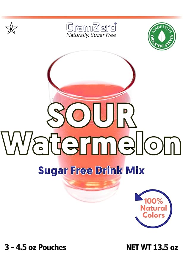 GramZero Sour Watermelon Zero Calorie Sugar Free Drink Mix, Great For Nutrition Club Loaded Tea, Stevia Sweetened