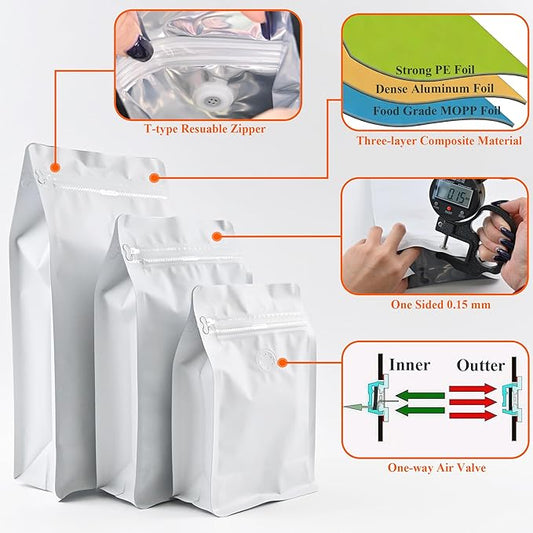 12mil Stand Up Coffee Bags, Flat Bottom Pouch with one-way Air Release Valve and Reusable Side Zipper(White, 200PCS-Large-2.2lb/32oz/1kg)