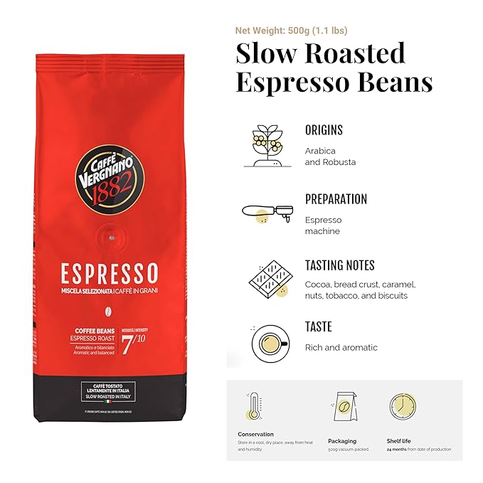 Caffe Vergnano 1882 Espresso Whole Bean Arabica Roast Coffee, 1.1 lb bag - Italian Medium Roast Coffee Beans with notes of Chocolate, Nuts & Caramel, Intensity 7/10-500g Bag