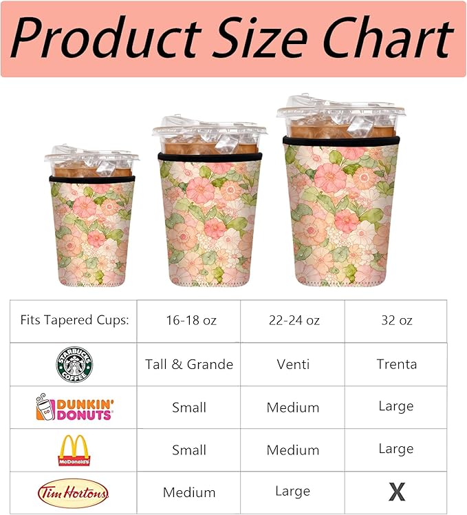 Neoprene Iced Coffee Sleeve 3 Pack, Reusable Insulated Cup Holder with Watercolor Floral Pattern, Fits 16–32 oz Tumblers, Compatible with Starbucks & Dunkin