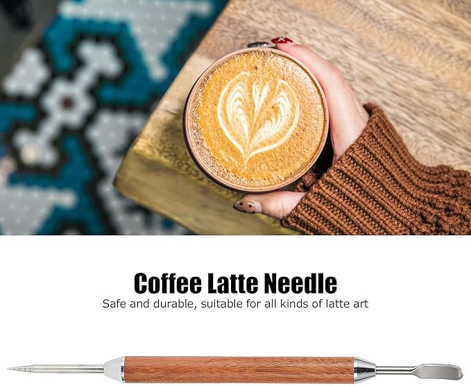 Pwshymi Coffee Latte Needle, Stainless Steel Latte Art Pen with Wood Handle, for DIY Coffee Decorating and Milk Froth Picking
