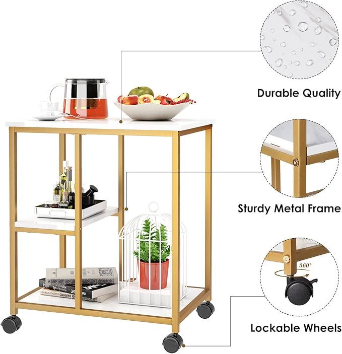 SogesHome Gold Bar Cart, Utility Bar Serving Cart Kitchen Island Rolling Cart on Wheels with Shelves for Living Room, Office, Coffee