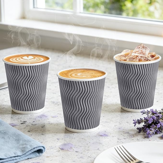 BYSNOW 100 Pack 8 oz Coffee Cups with Lids, Disposable Insulated Hot Cups To Go Paper Coffee Cups, Corrugated Ripple Wall Cup for Hot Drink, Office, Coffee Bar (Grey 8 oz)