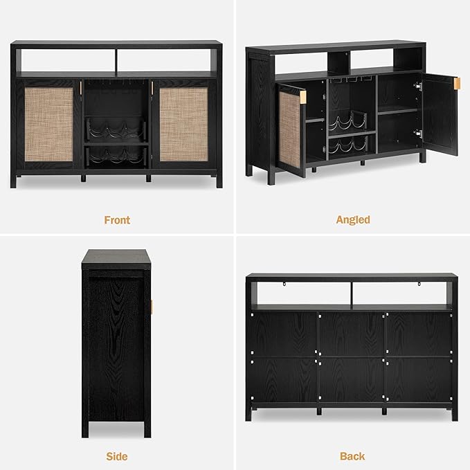 SICOTAS Rattan Coffee Bar Cabinet, 51" Sideboard Buffet Cabinet with Storage, Modern Liquor Cabinet with Wine Racks Credenza Console Buffet Table for Home Living Dining Room, Black Oak