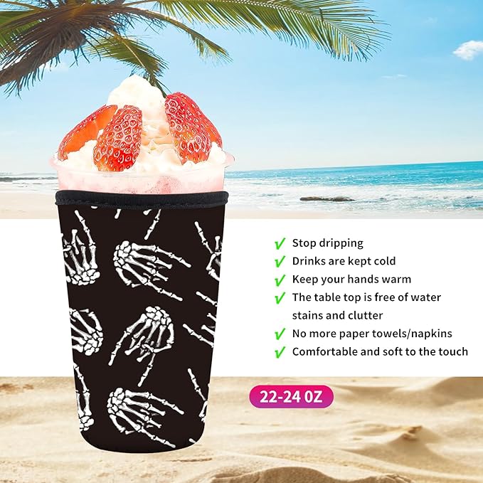 Reusable Neoprene Insulator Sleeve for Iced Coffee Cold Soda Cups, Cute Durable Drink Sleeve for Cold Beverages, Medium 22-28oz Cup Sleeve Cool Skull Finger