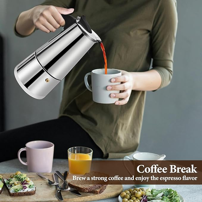 2 Cup Moka Pot Percolator Italian Coffee Maker 100ml Stovetop Espresso Mocha Stainless Steel Greca Coffee Maker Classic Cafe Makers Suitable for Induction Cookers Ceramic Stoves Straight