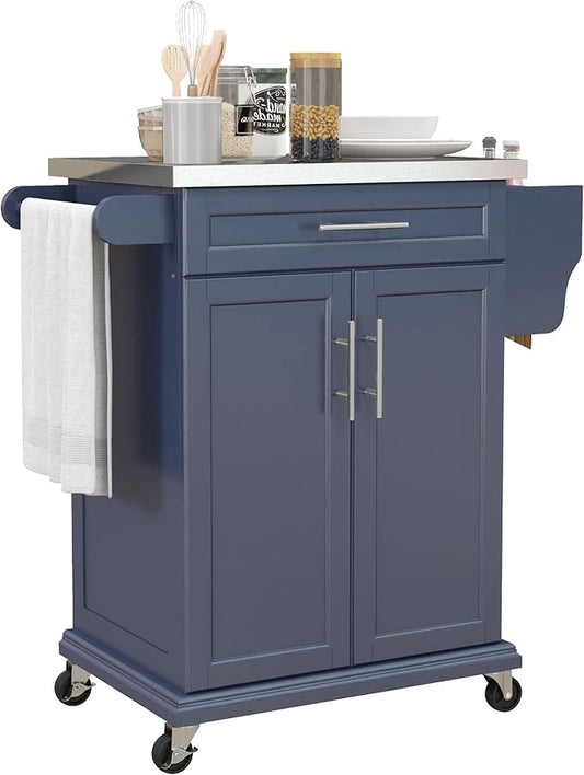HOMCOM Kitchen Island on Wheels, Rolling Kitchen Cart with Stainless Steel Countertop, Drawer, Towel Rack and Spice Rack, Utility Storage Trolley, Deep Blue