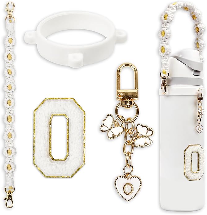 Compatible with Owala Water Bottle Accessories, Cute Letter Charm Set with Boho Handle Strap, Monogram Sticker, Silicone Ring, Keychain Decoration, for FreeSip 24 32 40oz, Owala Kids, Tumbler Gift