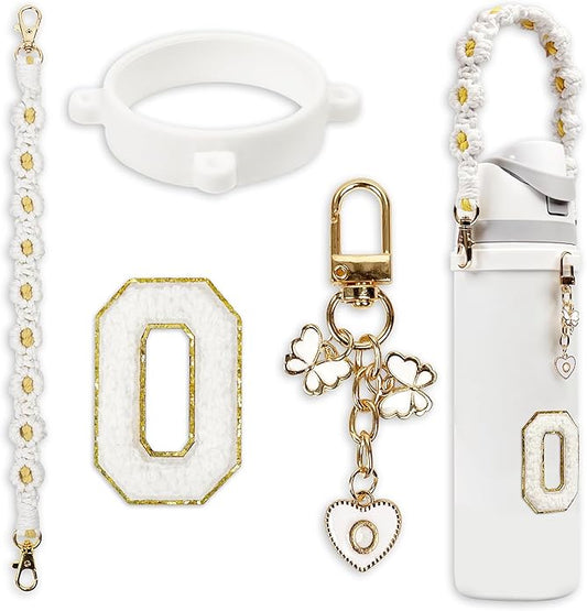 Compatible with Owala Water Bottle Accessories, Cute Letter Charm Set with Boho Handle Strap, Monogram Sticker, Silicone Ring, Keychain Decoration, for FreeSip 24 32 40oz, Owala Kids, Tumbler Gift