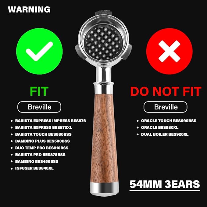54mm Espresso Double Spouts Portafilter with 3 Ear | Fits 54mm Breville/Sage Barista Espresso Machine | Stainless Steel Basket and Walnut Handle | Espresso Accessories