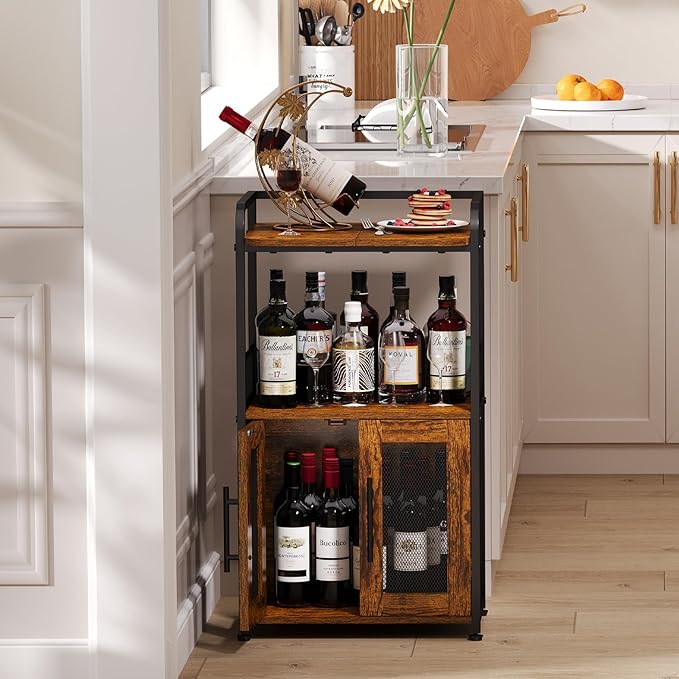 Small Coffee Bar Cabinet with Storage, 3-Tier Rolling Coffee Bar Table, Farmhouse Coffee Cart Station with 2 Doors for Living Room, Dining Room, Rustic Brown