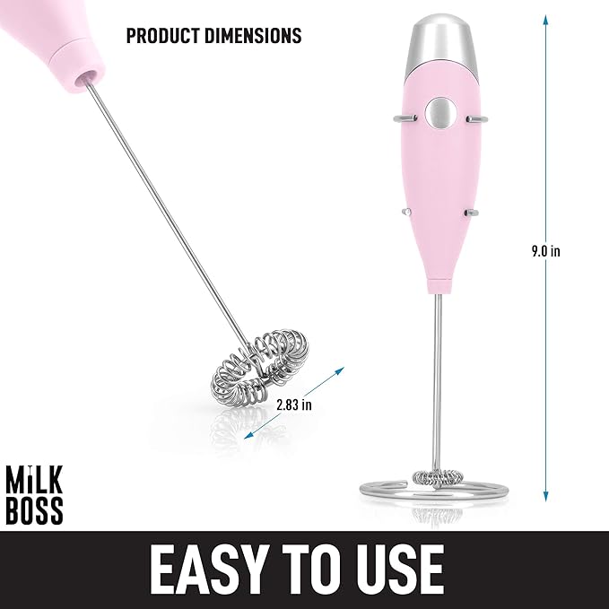 Milk Boss Mighty Milk Frother Handheld Whisk Mixer - Coffee Frother Electric Handheld Foam Maker & Frother For Coffee - Portable Electric Whisk With 16-Piece Stencils For Lattes, Matcha & More (Pink)