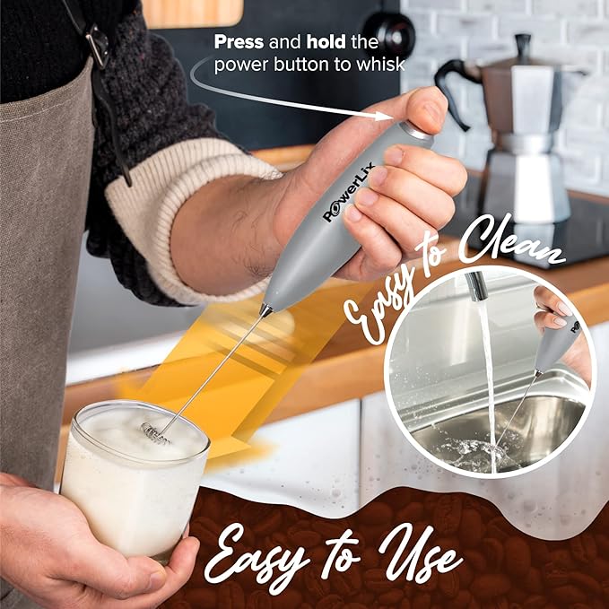 PowerLix Powerful Handheld Milk Frother With Stand Battery Operated Foam Maker Frother Wand For Coffee (A Black) (Gray)