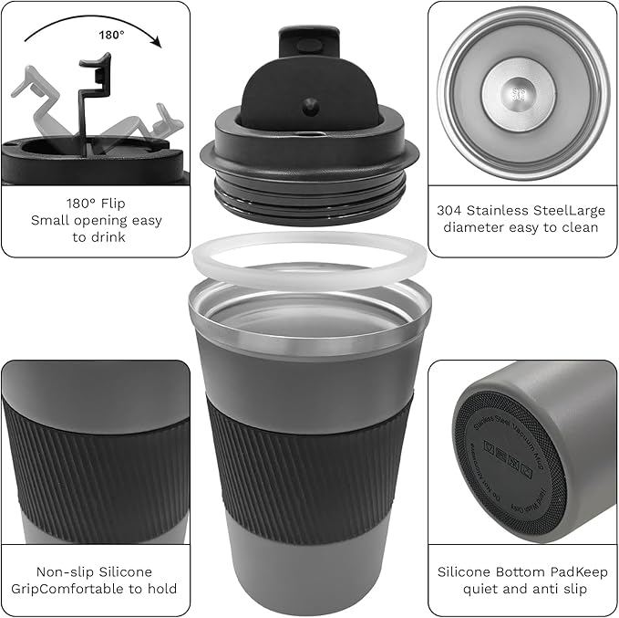 YINBAOGE Insulated Travel Coffee Mug, Spill & Leak Proof, Portable To Go Camping Stainless Steel Coffee Tumbler, Reusable Thermal Coffee Cup with Lid for Hot & Cold Drinks (Grey, 17 OZ)