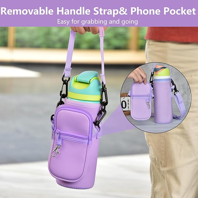 Water Bottle Carrier Bag with Strap for Owala FreeSip 24/32oz with Detachable Phone Pocket for Owala Accessories 24/32oz Water Bottle Sleeve for Walking Camping Gym