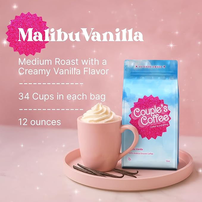Couple's Coffee Vanilla Grounds | Malibu Vanilla Flavored Coffee | Pink Gifts for Women | Gives Back to Military Families | Medium Roast Made with 100% Arabica Beans | 12oz