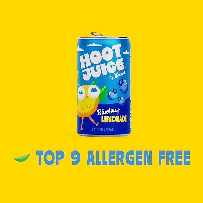 Hoot Juice Lemonade By Lemonati, No Artificial Sweeteners or Flavors, Gluten-Free, Kosher, Non-GMO, Vegan, 7.5 Fl Oz Mini-Cans, Pack of 12, Blueberry