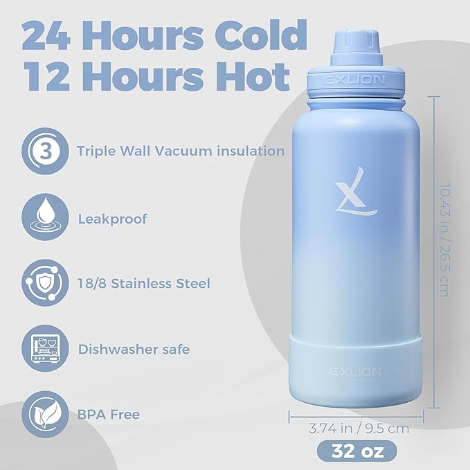 Lexlion Tea Infuser Water Bottle 32 Oz – Triple Wall Insulated Stainless Steel, Loose Leaf & Fruit Strainer, 3 Leakproof Lids, BPA-Free Silicone Sleeve, Reusable Thermal Mug