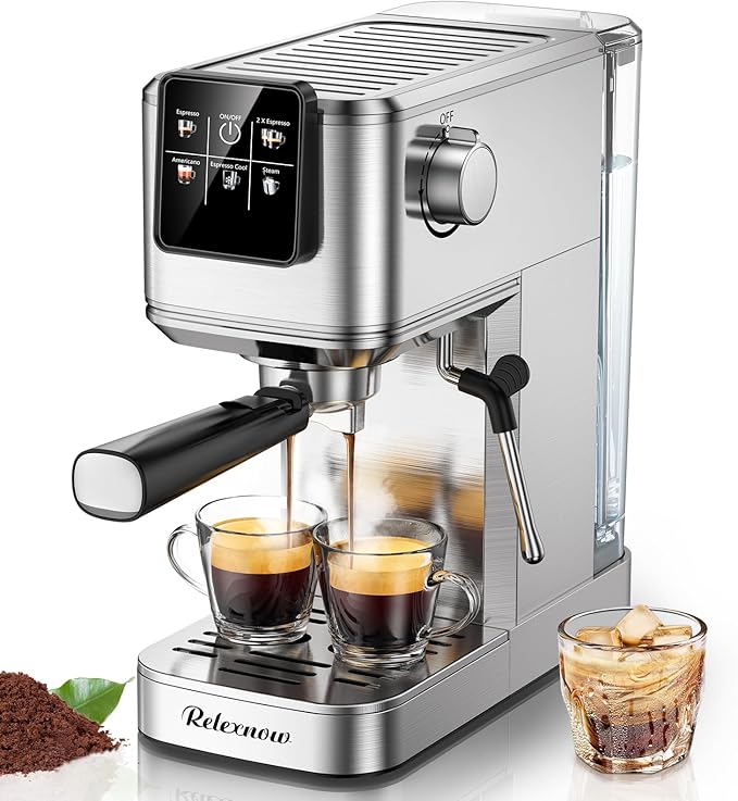Espresso Machine, 20 Bar Espresso Maker Milk Frother & LCD Panel, Hot & Iced Coffee Machine, Stainless Steel Espresso Coffee Machine with 41oz Water Tank for Cappuccino, Latte