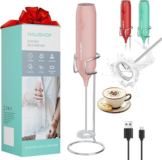 HAUSHOF Powerful Rechargeable Milk Frother Wand with Stand, Handheld Electric Foam Maker, Drink Mixer with Detachable Stainless Steel Whisk for Coffee Latte, Cappuccino, Matcha, Pink