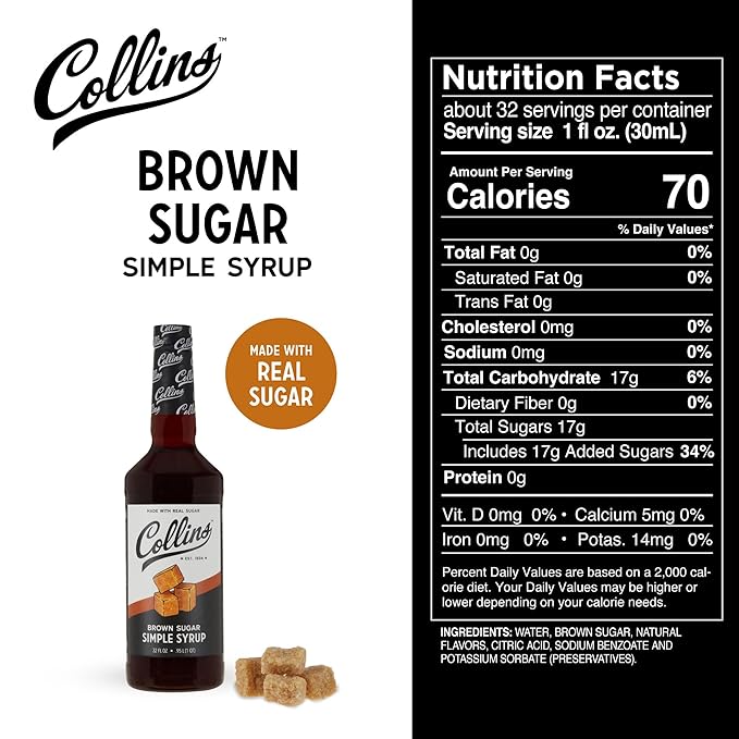 Collins Brown Sugar Syrup - Simple Syrup for Cocktails, Brown Sugar Coffee Syrup - Cocktail Syrup 32oz Set of 1