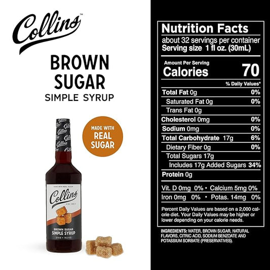 Collins Brown Sugar Syrup - Simple Syrup for Cocktails, Brown Sugar Coffee Syrup - Cocktail Syrup 32oz Set of 1