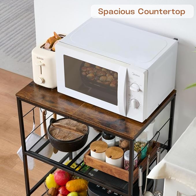 Rolling Kitchen Microwave Cart, 3 Tier Microwave Stand with Storage, Small Kitchen Island on Wheels, Wood and Mental Kitchen Shelf Rack, Black Organizer for Living Room, Office, Balcony