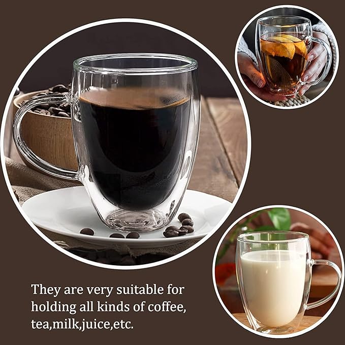 12 Oz Double Walled Glass Coffee Mugs, 2 Packs Clear Coffee Mugs with Lids Insulated Coffee Cups with Handle Perfect for Cappuccino,Tea,milk ,Espresso,Latte, Hot Beverage Set of 2 (Glass lid, 12oz)