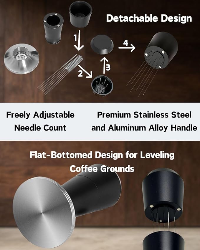 Espresso Tamper 51/53/58mm Magnetic WDT Tool 2 in 1 Accessories, Barista Coffee Tamper Kit with Distribution Tool Dosing Funnel Puck Screen, Stainless Steel Flat Base (51mm)