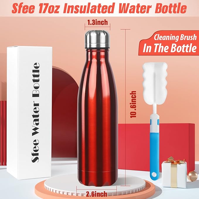 Sfee Insulated Water Bottle, 17 oz Stainless Steel Water Bottles, Double Wall Vacuum Reusable Water Bottles Leak Proof BPA-FREE Sports Bottle Cup Keep Hot&Cold for Running Gym Workout Cycling Kids